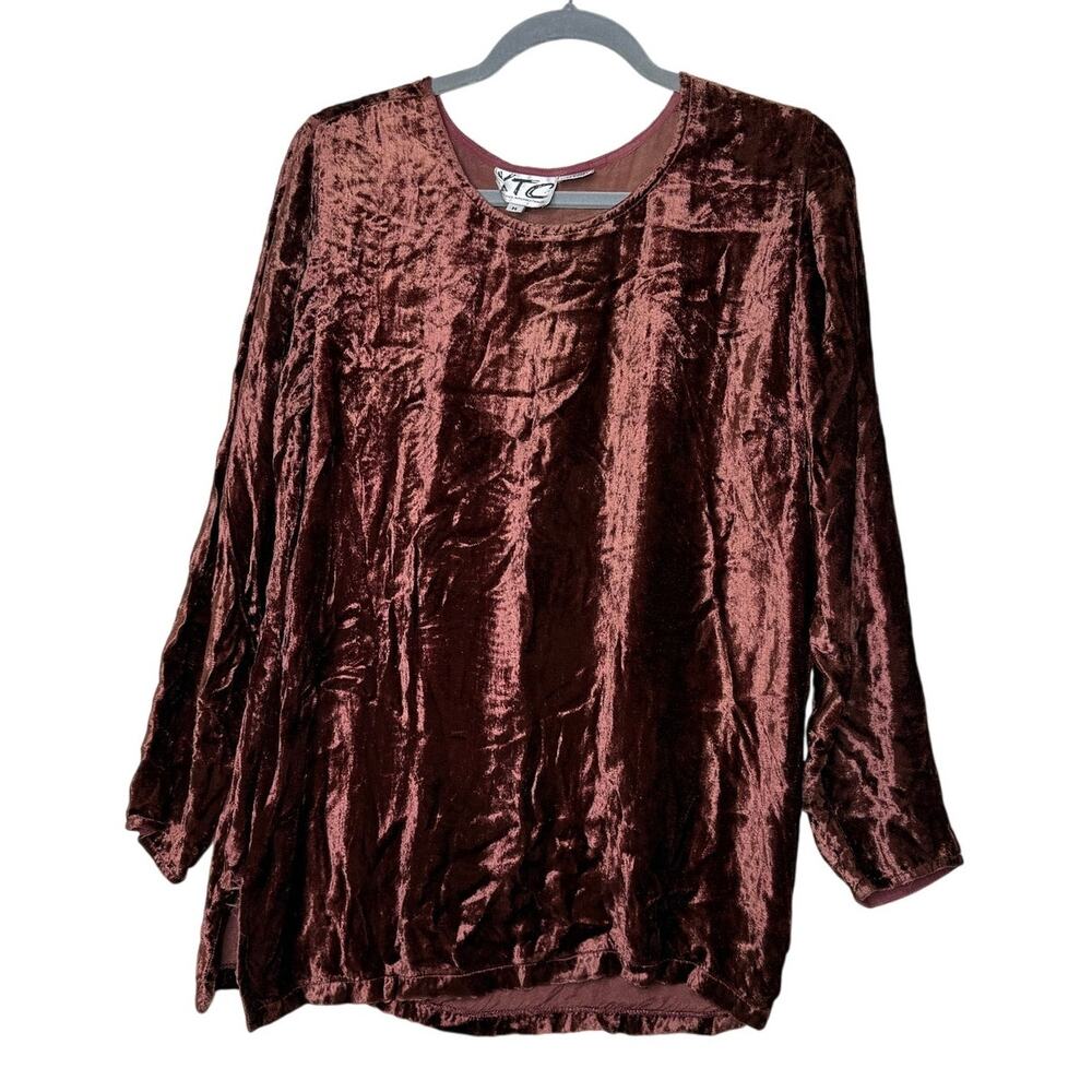 Vintage 90s XTC Crushed Velvet Tunic Top Women's Medium Whimsygoth Copper Brown